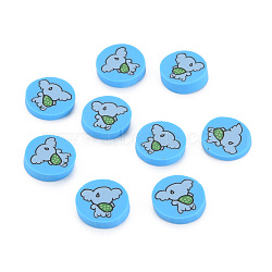 Handmade Polymer Clay Cabochons, Flat Round with Elephant, Deep Sky Blue, 9~9.5x1.5~2mm, about 5800pcs/1000g(CLAY-N006-99)