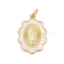 Brass Pendants, with Synthetic Opal, Long-Lasting Plated, Rack Plating, Lead Free & Cadmium Free, Oval with Virgin Mary, White, Real 18K Gold Plated, 19.5x13.5x3mm, Hole: 3mm(KK-I723-31G)