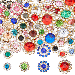 Glass Rhinestone Buttons, with Golden Tone Alloy Findings, Flower, Mixed Color, 9~16x4~7mm, Hole: 2.5~5x1.5~2.5mm, 250pcs/set(DIY-HS0001-64)
