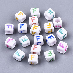 Opaque White Acrylic Beads, with Enamel, Horizontal Hole, Cube with Mixed Color Letter, Letter.F, 6x6x6mm, Hole: 3mm, about 2900pcs/500g(SACR-R252-02F)