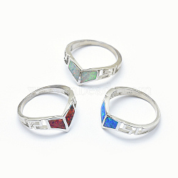 Synthetic Opal Finger Rings, with Brass Findings, Long-Lasting Plated, Size 7, Mixed Color, Platinum, 17mm(RJEW-O026-06P)