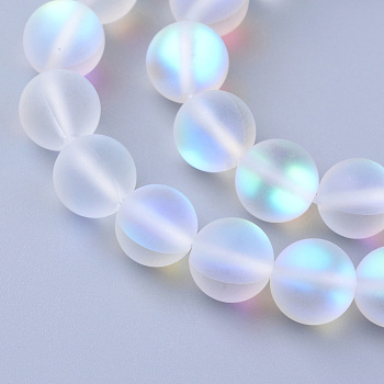 Synthetic Moonstone Beads Strands, Holographic Beads, Dyed, Frosted, Round, Clear, 8mm, Hole: 1mm, about 45~47pcs/strand, 14~15 inch
