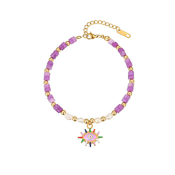 Stainless Steel Enamel Eye Charm Bracelets, with Natural Amethyst Beaded Chains, Colorful, 7-1/8 inch(18cm), Pendant: 17.1x18.2mm