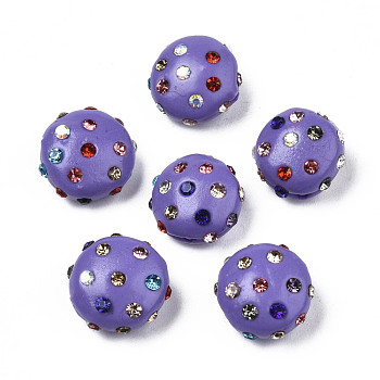 Polymer Clay Rhinestone Beads, Pave Disco Ball Beads, Flat Round, Medium Purple, 11~12x7mm, Hole: 1.4mm, Rhinestone: pp15(2.1~2.2mm)
