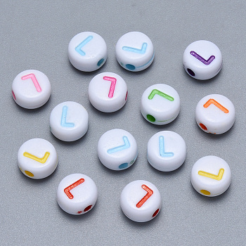 Craft Acrylic Horizontal Hole Letter Beads, Flat Round, Mixed Color, Letter.L, 7x3.5~4mm, Hole: 1.5mm, about 3600pcs/500g