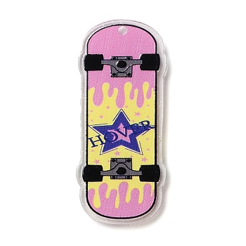 Printed Transparent Acrylic Pendants, Skateboarding, Pink, 51.5x22.5x2.5mm, Hole: 2mm