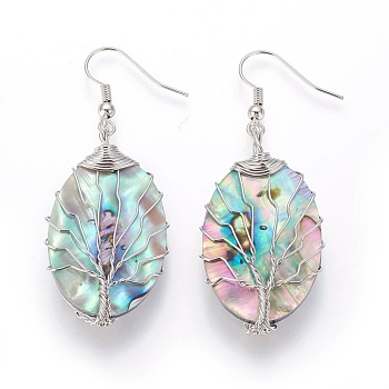 Abalone Shell/Paua Shell Oval with Tree of Life Dangle Earrings, Brass Wire Wrapped Drop Earrings for Women, Platinum, 55.5~57.5mm, Pin: 0.6mm