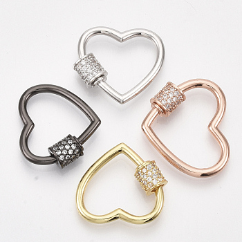 Brass Micro Pave Cubic Zirconia Screw Carabiner Lock Charms, for Necklaces Making, Heart, Clear, Mixed Color, 19x21.5x2~6mm