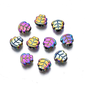 Rack Plating Rainbow Color Alloy Beads, Cadmium Free & Nickel Free & Lead Free, Leaf, 7x7x3mm, Hole: 1.5mm