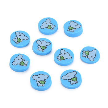 Handmade Polymer Clay Cabochons, Flat Round with Elephant, Deep Sky Blue, 9~9.5x1.5~2mm, about 5800pcs/1000g