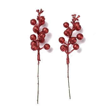 Plastic Imitation Fruit Stem Accessories, with Iron and Foam Finding, Glitter Powder, for DIY Christmas Tree, Wreath, Party Decoration, Red, 180x49x35mm