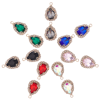 SUPERFINDINGS 28Pcs 7 Colors Glass Pendants, with Brass Micro Pave Clear Cubic Zirconia Findings, Faceted, Teardrop, Light Gold, Mixed Color, 22x14x6mm, Hole: 2mm, 4pcs/color
