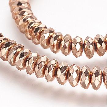 Non-magnetic Synthetic Hematite Beads Strands, Grade A, Faceted, Rondelle, Rose Gold Plated, 7x3mm, Hole: 1.5mm, about 129pcs/strand, 15.3 inch