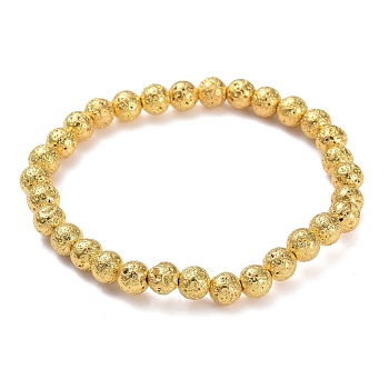 Electroplated Natural Lava Rock Beads Stretch Bracelets, Long-Lasting Plated, Round, Golden Plated, 2-1/4 inch(5.8cm), Bead: 6.5~7mm