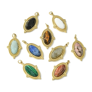 Ion Plating(IP) 304 Stainless Steel Pave Faceted Natural & Synthetic Mixed Gemstone Pendants, Oval Charms, Real 14K Gold Plated, 24.5x14.5x4.5mm, Hole: 2.5mm