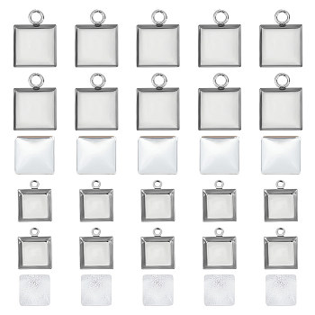 DIY Blank Pendant Making Kit, Square Stainless Steel Pendant Cabochon Settings, Glass Cabochons, Stainless Steel Color, 120Pcs/box