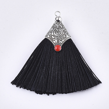 Polyester Tassel Pendant Decorations, with Alloy Findings and Enamel, Fan Shape, Antique Silver, Black, 45~50x40~44x7~10mm, Hole: 2.5mm