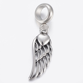 304 Stainless Steel Dangle Charms, Large Hole Pendants, Wing, Antique Silver, 29mm, Hole: 5mm