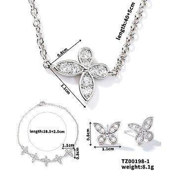 Fashionable Brass Micro Pave Clear Cubic Zirconia Butterfly Jewelry Set, Bracelets & Earrings & Necklaces Set, Luxurious Accessories, Platinum, show in picture