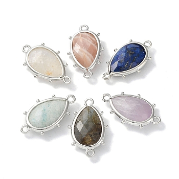 Natural Mixed Stone Connector Charms, with Platinum Plated Brass Edge Loops, Faceted, Teardrop, 24x14.5x5mm, Hole: 1.2mm & 1.4mm