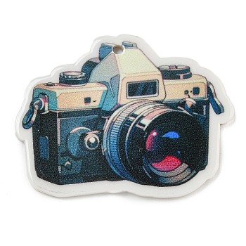 Printed Acrylic Pendants, Retro Camera Charms, Marine Blue, 33x44x2mm, Hole: 1.8mm