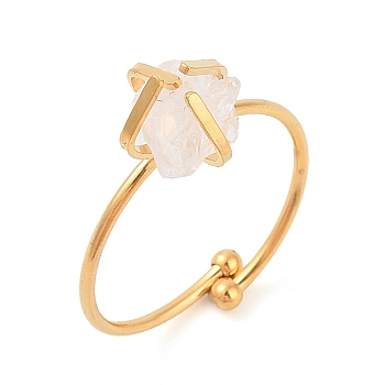 Nuggets Natural Quartz Crystal Charms Four Prong Finger Rings for Women, 304 Stainless Steel Open Cuff Ring, Real 18K Gold Plated, Nuggets: 9.5x9.5mm, Adjustable