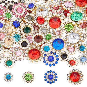Glass Rhinestone Buttons, with Golden Tone Alloy Findings, Flower, Mixed Color, 9~16x4~7mm, Hole: 2.5~5x1.5~2.5mm, 250pcs/set