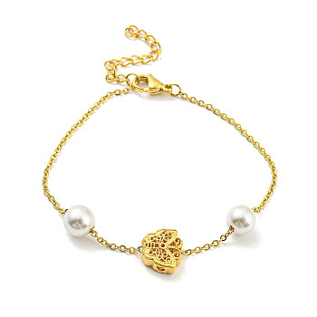 Real 18K Gold Plated Brass & Plastic Imitation Pearl Beaded Bracelet, with Ion Plating(IP) 304 Stainless Steel Chains, Long-Lasting Plated, Butterfly, 7-1/4 inch(18.5cm)