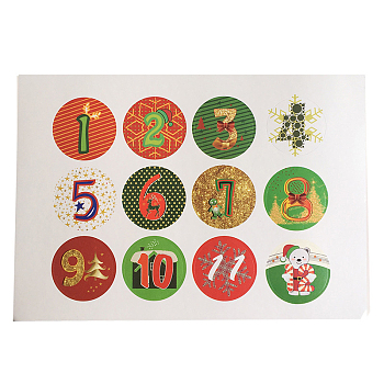 Christmas Theme Adhesive Sticker Labels, for Card-Making, Scrapbooking, Diary, Planner, Envelope & Notebooks, Colorful, Round with Number 1~12, Number Pattern, 32mm