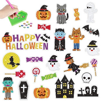 2 Sheets Halloween DIY Diamond Painting Sticker Kits, including Resin Rhinestones, Diamond Sticky Pen, Tray Plate and Glue Clay, Mixed Shapes, 180x130mm