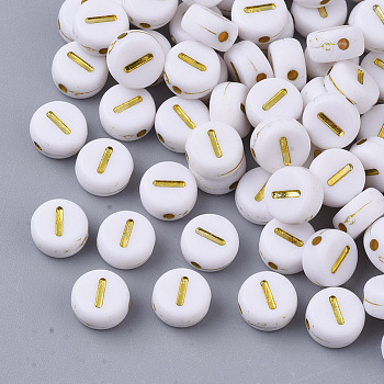 Plating Acrylic Beads, Golden Metal Enlaced, Horizontal Hole, Flat Round with Alphabet, White, Letter.I, 7x3.5mm, Hole: 1.2mm, about 360pcs/50g