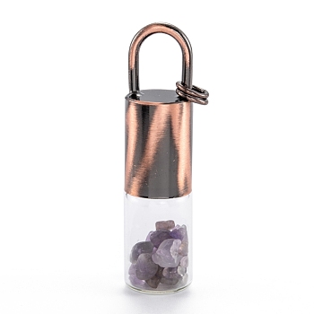 Glass Roller Bottle, with Natural Amethyst Roller Balls and Chips, Essential Oil Perfume Bottles, Red Copper Brass Bottle Cap, 62.5x16mm, Hole: 10x14mm, Jump Ring: 8x1mm