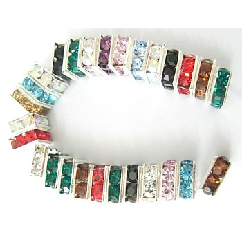 Rhinestone Spacer Beads, Square, Nickel Free, Mixed Color, Silver Color Plated,Size: about 8mm wide, 8mm long, 4mm thick, hole: 1mm