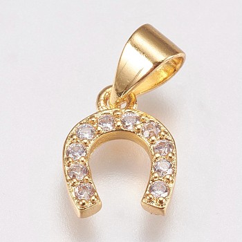 Brass Micro Pave Cubic Zirconia Charms, Horseshoe, Golden, 10x8x2mm, Hole: 3.5x4.5mm