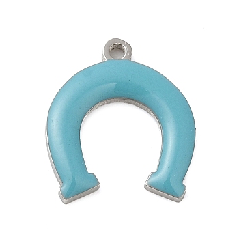 304 Stainless Steel Charms, with Enamel, Stainless Steel Color, Horseshoe Charm, Dark Turquoise, 11.6x10x1.3mm, Hole: 0.8mm