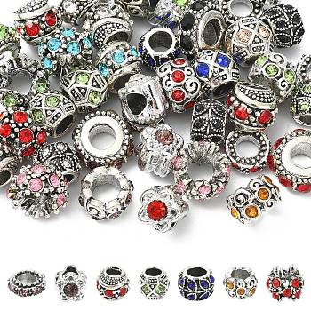 40Pcs 8 Styles Alloy Rhinestone European Beads, Large Hole Beads, Mixed Color, 9.5~15x4.5~11mm, Hole: 5mm, 5pcs/style