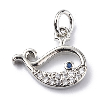 Brass Micro Pave Cubic Zirconia Charms, with Jump Ring, Whale Charms, Platinum, 11.5x13.5x1.8mm, Hole: 3.2mm