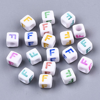 Opaque White Acrylic Beads, with Enamel, Horizontal Hole, Cube with Mixed Color Letter, Letter.F, 6x6x6mm, Hole: 3mm, about 2900pcs/500g