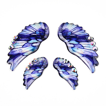 Epoxy Resin Wing Pendants, with Rhinestone & Glitter Powder, Medium Blue, 40.5x18.5x2.5mm, Hole: 1mm, Small Wings: 24.5x11x2.5mm