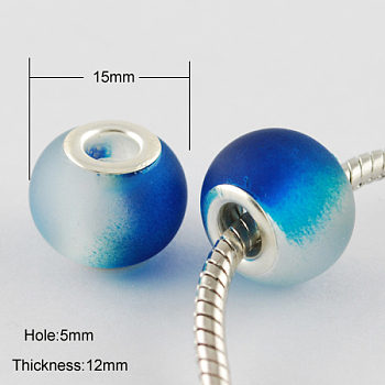 Two Tone Glass European Beads, with Silver Color Plated Brass Double Cores, Large Hole Beads, Rubberized Style, Rondelle, Dark Blue, 15x12mm, Hole: 5mm