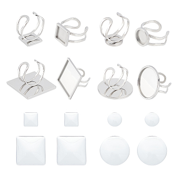 DIY Blank Dome Ring Making Kit, Including Flat Round & Square 201 Stainless Steel Cuff Pad Ring Settings, Glass Cabochons, Stainless Steel Color, 16Pcs/box
