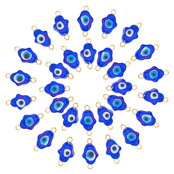 30Pcs Handmade Evil Eye Lampwork Connector Charms, Hamsa Hand Links with Golden Tone 304 Stainless Steel Double Loops, Blue, 20.5~21x10~10.5x6~6.5mm, Hole: 2~2.5mm