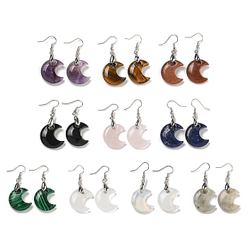 Rack Plating Moon Brass Dangle Earrings for Women, with Natural & Synthetic Mixed Stone, Cadmium Free & Lead Free, 50x21mm