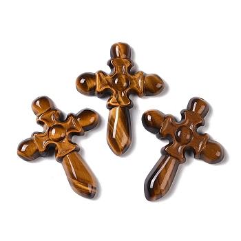 Natural Tiger Eye Carved Pendants, Cross Charms, 46x36x7.5mm, Hole: 0.7mm