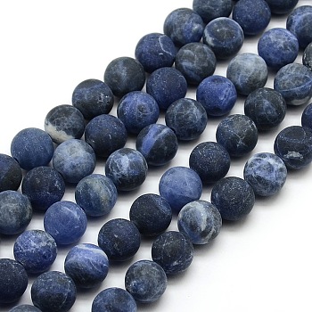 Frosted Natural Sodalite Round Bead Strands, 12mm, Hole: 1mm, about 30~32pcs/strand, 14.9~15.6 inch
