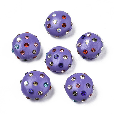 Medium Purple Flat Round Polymer Clay+Glass Rhinestone Beads
