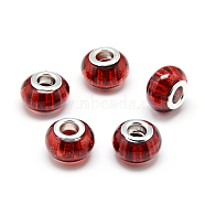 Resin European Beads, Large Hole Beads, with Silver Color Plated Brass Cores, Rondelle Large Hole Beads, Crimson, 13.5x9~9.5mm, Hole: 5mm(X-RPDL-S008-04)