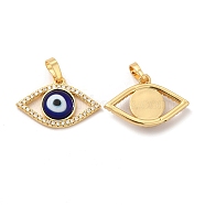 Rack Plating Brass Micro Pave Clear Cubic Zirconia Pendants, with Handmade Evil Eye Lampwork, Cadmium Free & Lead Free, Long-Lasting Real 18K Gold Plated, Eye Charm, Blue, 15.5x23x4mm, Hole: 6x3mm(LAMP-A153-04G-01)
