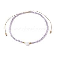 Heart Natural Shell & Glass Seed Braided Bead Bracelets, Adjustable Nylon Bracelet, Lilac, Inner Diameter: 2-1/4~3-1/2 inch(5.7~9cm)(BJEW-JB09922-02)