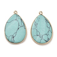 Dyed Synthetic Turquoise Pendants, Brass Teardrop Charms, Golden, 39x25x2.8mm, Hole: 2.2mm(G-G054-01G)